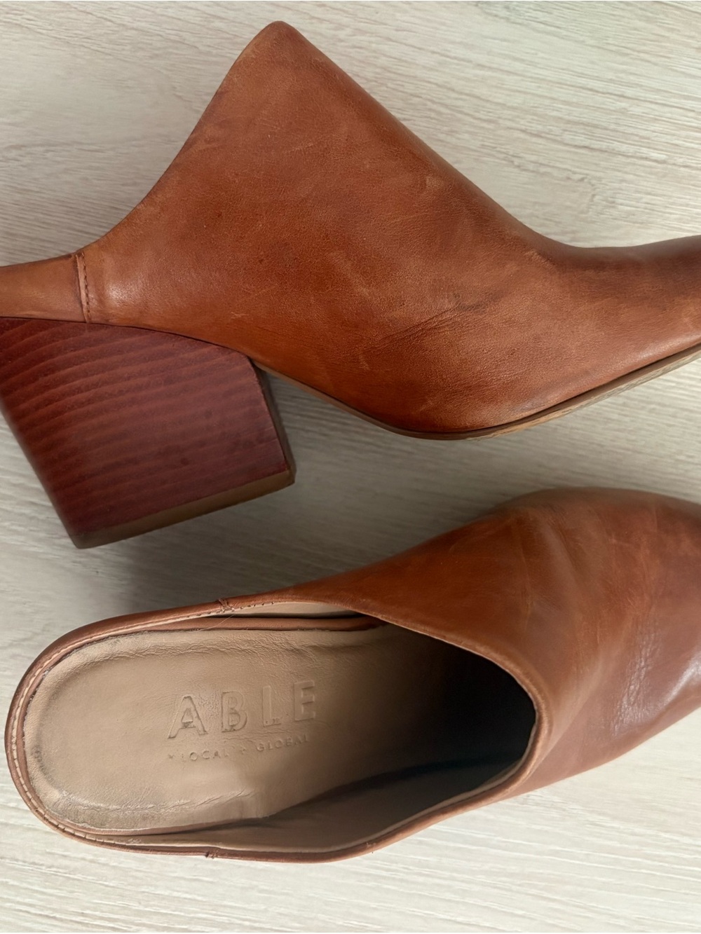 Able Cognac Leather Block Heel Mules